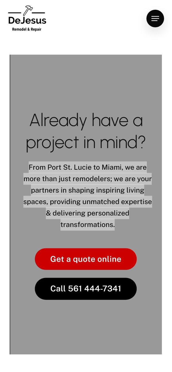 DeJesus Remodel & Repair homepage on mobile