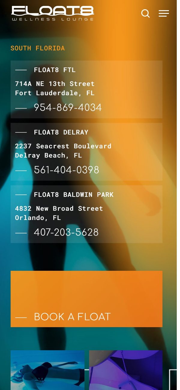 Float8 Wellness Lounge homepage on mobile