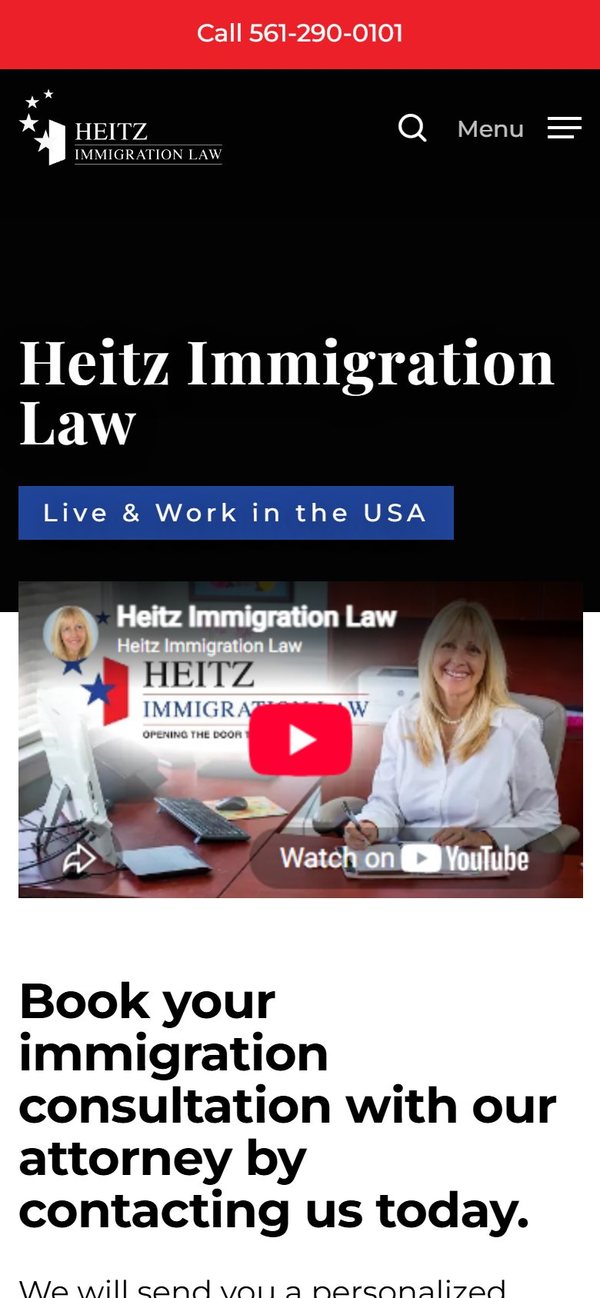 Heitz Immigration Law homepage on mobile